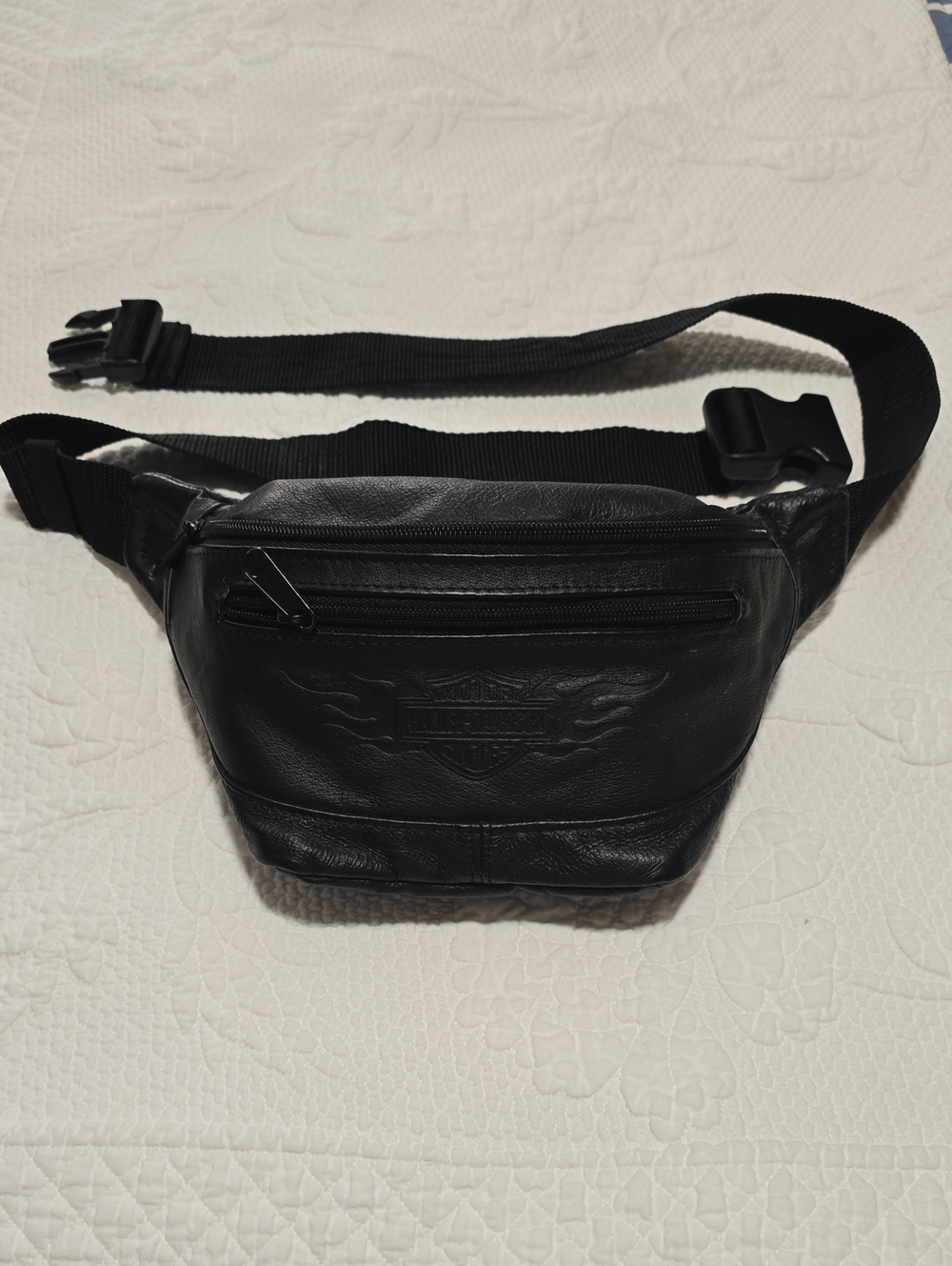 Black Leather Men’s Waist Bag with Embossed Shield Logo